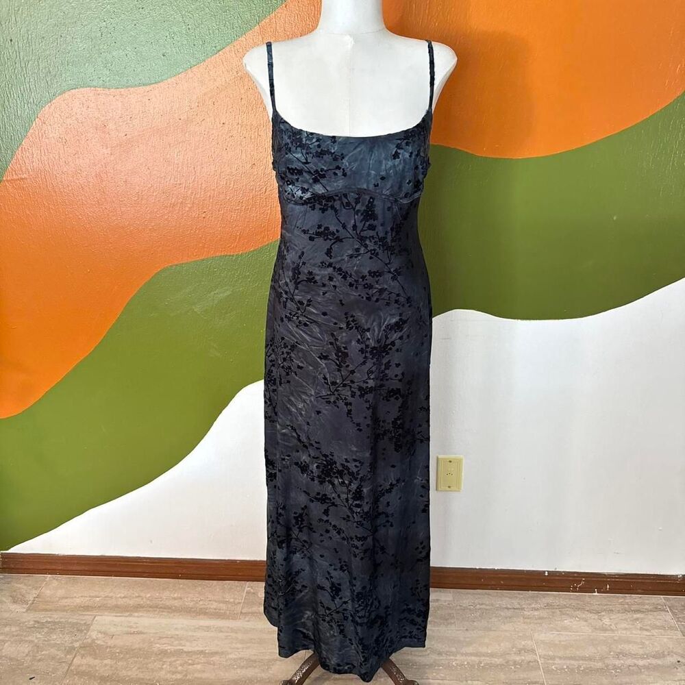 Thirty Thirty dark grey black floral velvet burnout maxi dress whimsigoth Sz XL